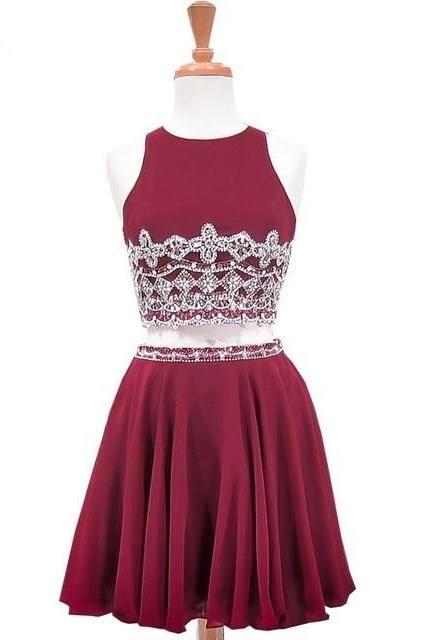 Sweet Homecoming Dresses Londyn Chiffon Party A-Line Scoop Neck Sleeveless Beaded Crystals Burgundy Two Piece Short CD10031