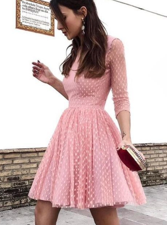 Round Neck Long Pink Homecoming Dresses Cocktail Juliet Sleeves Open Back Dresses CD10083
