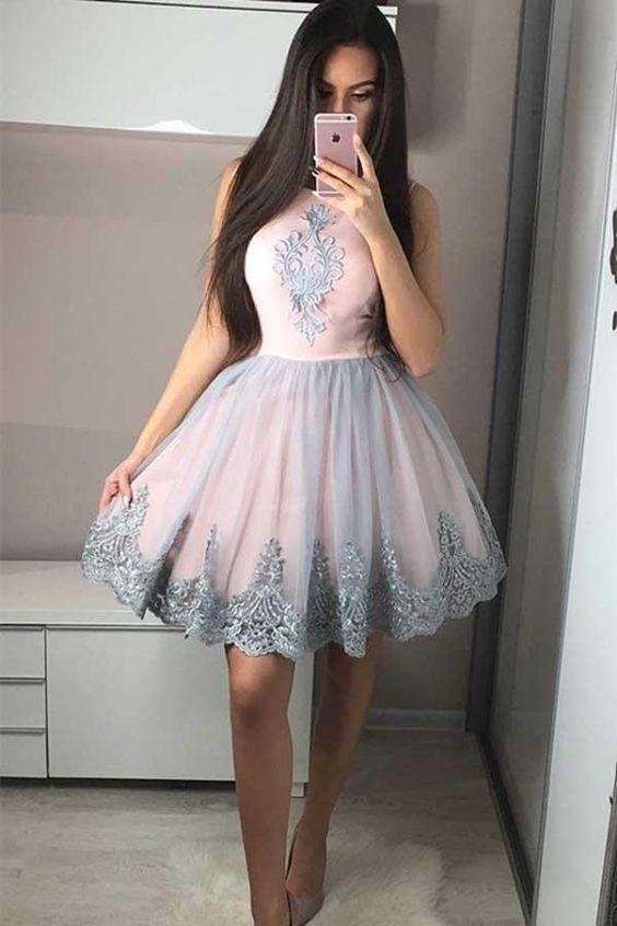 Homecoming Dresses Pink Joanna Cute A-Line Round Neck With Appliques CD10197