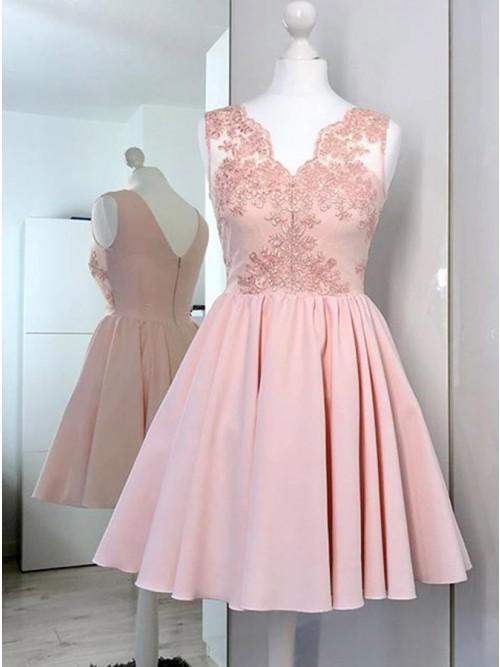 A-Line V-Neck Short Lace Sandy Pink Homecoming Dresses With CD10261