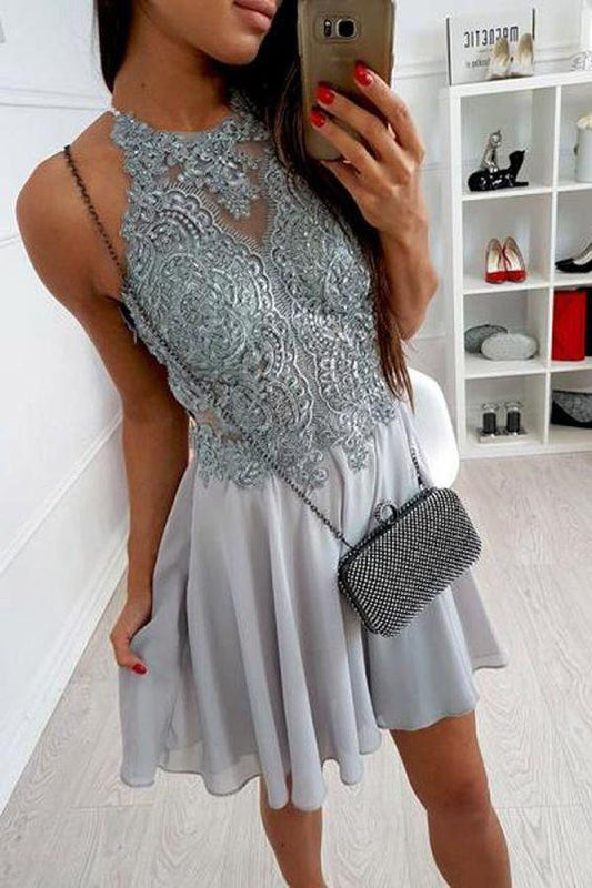Appliqued Bodice Short Grey Formal Chiffon Homecoming Dresses Lace Vivian Dresses CD1050