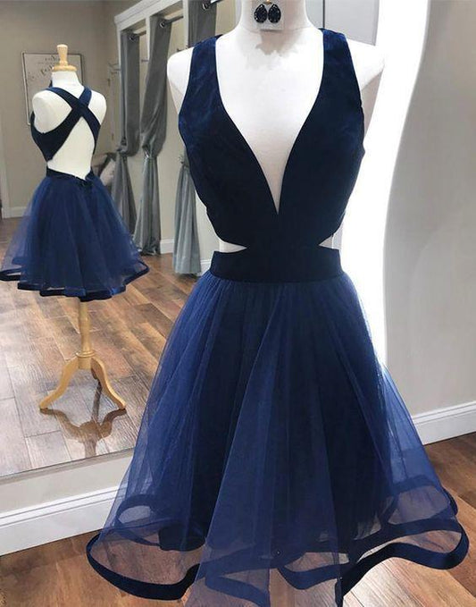 Deep Homecoming Dresses A Line Haylie Cocktail V-Neck Sexy Dresses With Criss Cross Back Navy Blue CD11695