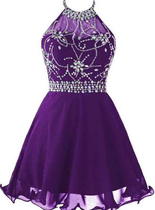 Beautiful Purple Halter Homecoming Dresses Araceli Chiffon Beaded Knee Length Party Dress CD11704