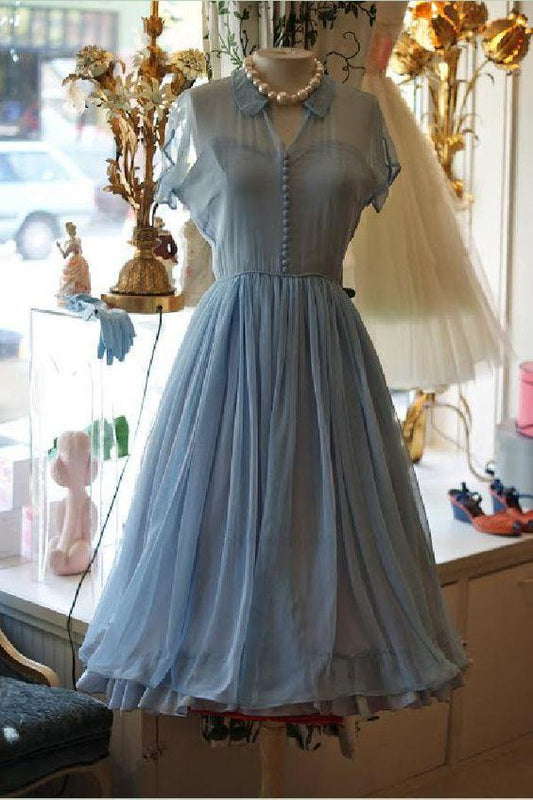 Light Dresses Elegant A-Line Doll Collar Chiffon Homecoming Dresses Catherine Short Sleeves Blue Vintage Style Dress CD1623