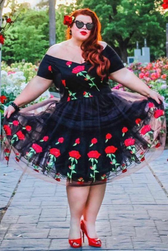 Short Plus Size Off The Shoulder Black And Rose Floral Lailah Homecoming Dresses Embroidered CD19214