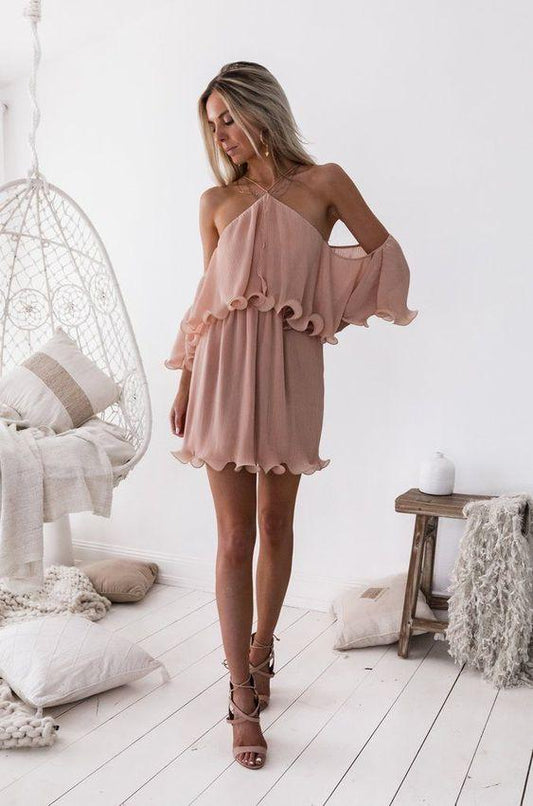Elegant A-Line Kathryn Homecoming Dresses Pink Chiffon Halter Off-Shoulder Short CD2367