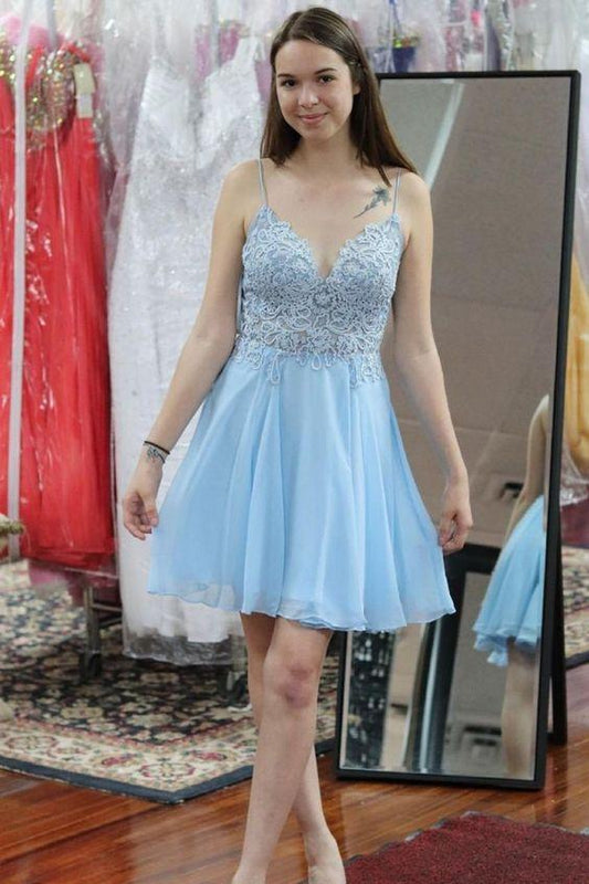 Lace Bridget Homecoming Dresses Chiffon A-Line Light Blue Short Features With Spaghetti Straps And Bodice CD24034