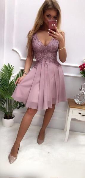 Dusty A Line Homecoming Dresses Lace Michaelia Chiffon Purple V Neck Applique Short CD24278
