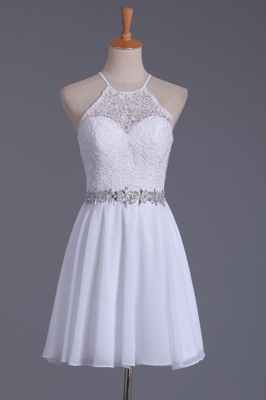 2024 White Halter & Chiffon Homecoming Dresses Lace A Line Madisyn Short/Mini Dress CD243