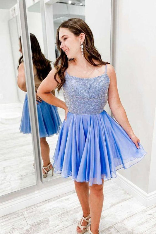 A-Line Blue Short With Spaghetti Straps And Nydia Chiffon Homecoming Dresses Beaded Bodice CD24530