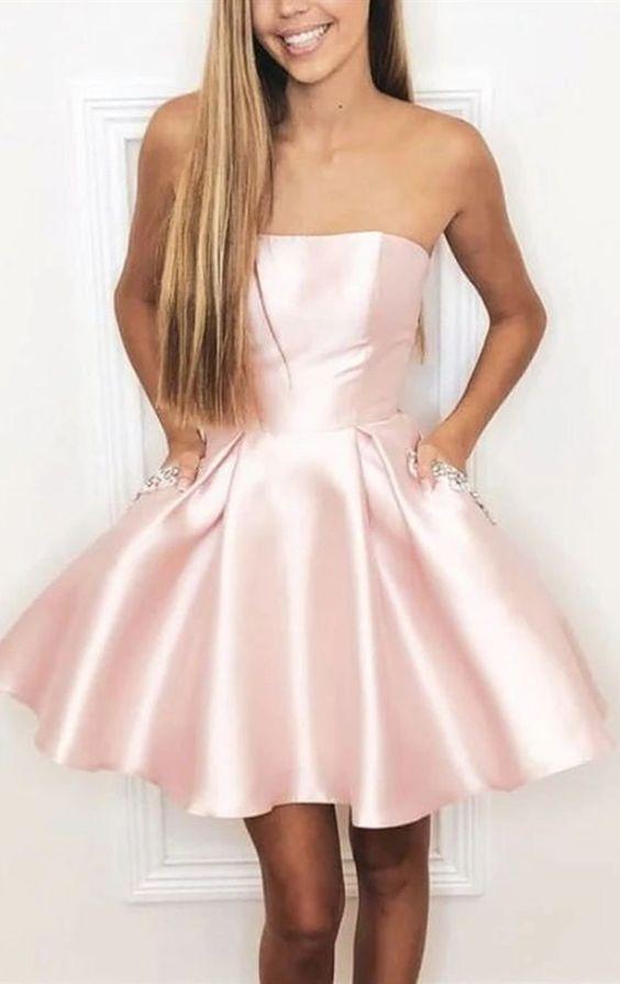 Strapless Short With A Line Pink Elena Homecoming Dresses Pockets Beading CD2544