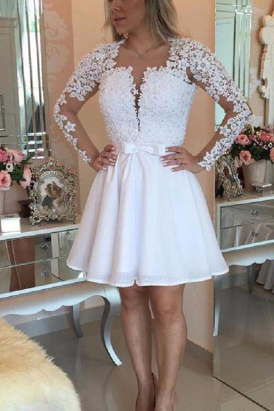 Short White Party Renata Lace Homecoming Dresses Dresses Mini Open Back Long Sleeves Sexy Deep V-Neck Party Dresses CD265