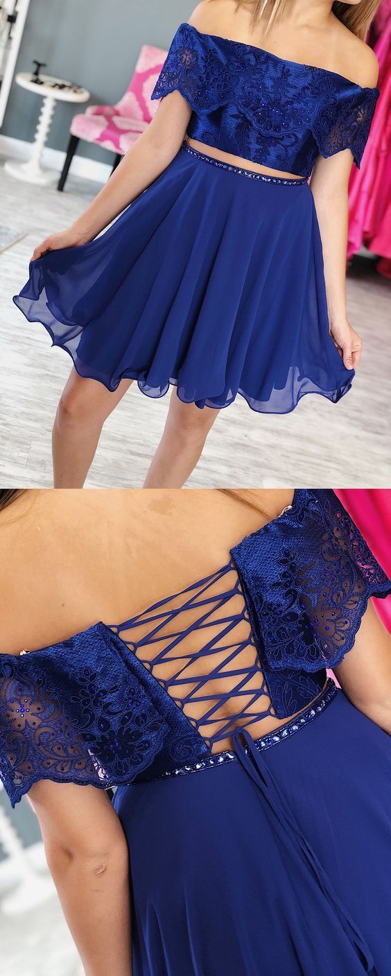 Cute Tow Piece Off The Shoulder Chiffon Homecoming Dresses Frida A Line Lace Royal Blue Short With Beading CD2688