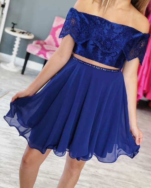 Cute Tow Piece Off The Shoulder Chiffon Homecoming Dresses Frida A Line Lace Royal Blue Short With Beading CD2688