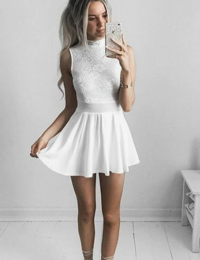 A-Line Chiffon Saniya Lace Homecoming Dresses High Neck Short White With CD3313