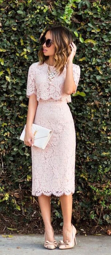 Two Piece Lace Emery Homecoming Dresses Cocktail Pink Dress Short Sleeves Midi CD3759