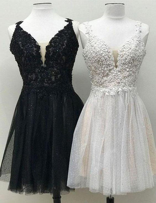 V Neck Black Cocktail Homecoming Dresses Judy Mini White Dress With Appliques CD3898