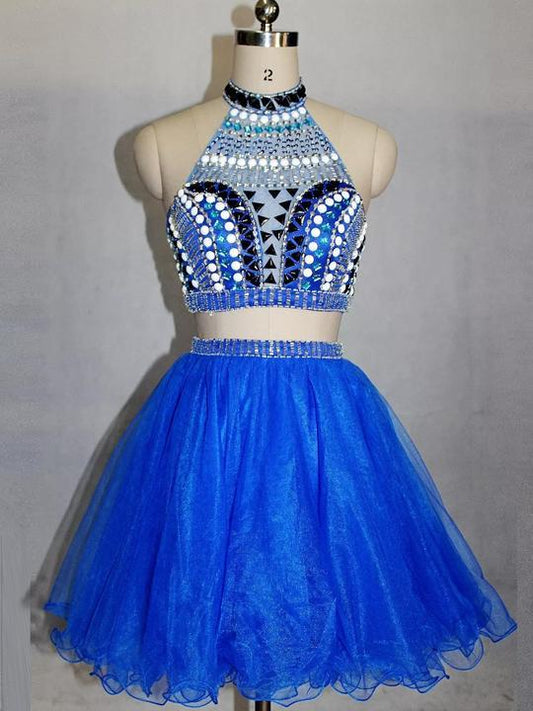 Blue High Neck Beaded Short Cocktail Destiny Two Pieces Homecoming Dresses Dresses CD413