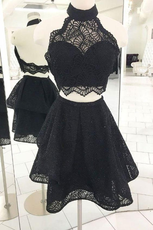Black Lace Two Pieces Homecoming Dresses Noelle Cocktail Halter Short Dresses CD417