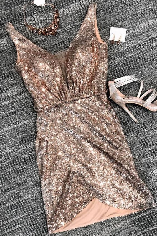 Sexy Tight Cocktail Priscilla Homecoming Dresses Rose Gold Sequins Short Party Dress CD4297