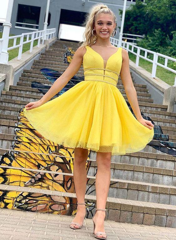 Yellow V Neck Tulle Short Dress Cocktail Sadie Homecoming Dresses CD4803