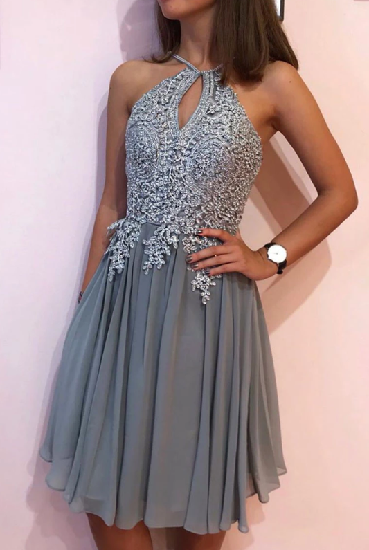Gray Homecoming Dresses Angelina Chiffon Lace Short Party Dress Gray CD4978