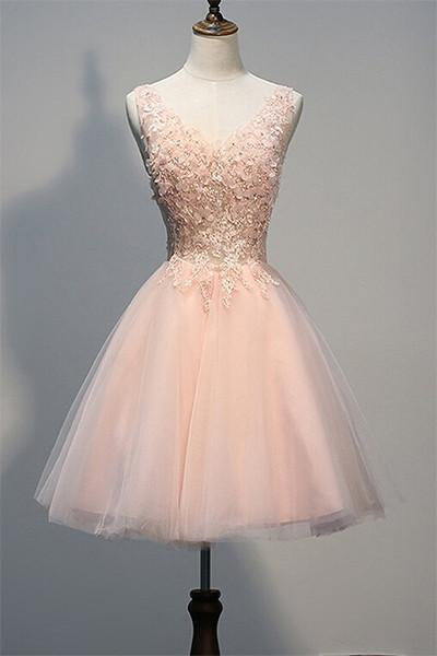 Cocktail Rory Lace Homecoming Dresses Pink Blush Beaded Backless V-Neck Sweet 16 Dress CD51