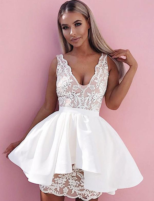 A-Line Satin Mckenna Homecoming Dresses Cocktail Deep V-Neck White Dress With Appliques CD558