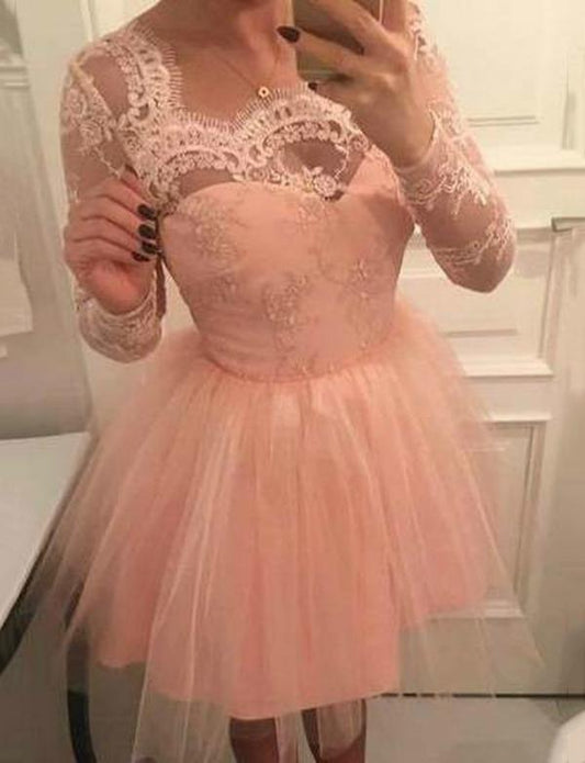 A-Line Square Long Sleeves Tulle Homecoming Dresses Cocktail Lace Pink Lilia Dress With CD562