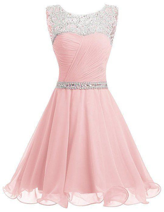 Short Chiffon Pink Casey Homecoming Dresses Open Back Party Dress With Beading CD5648
