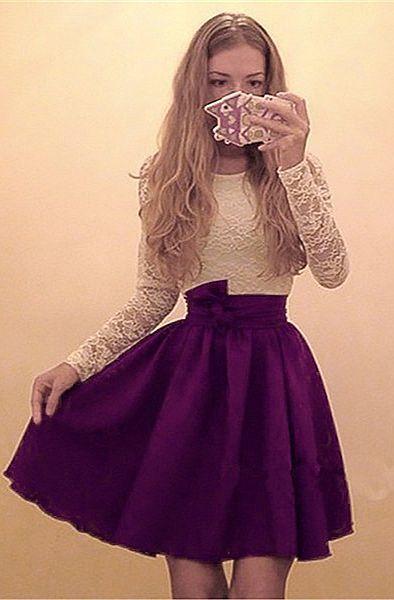 A-Line Round Neck Long Sleeves Purple Laci Lace Homecoming Dresses Chiffon Short With CD6667