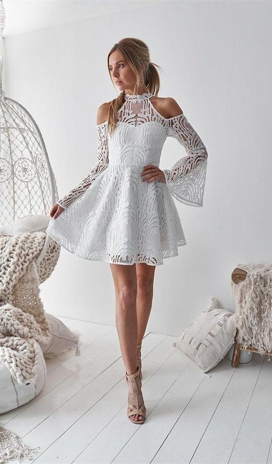 Homecoming Dresses Mira Plus Size Dresses A-Line High Neck Bell Sleeves Cold Shoulder Above-Knee White CD8101