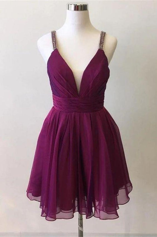 Teagan Chiffon Homecoming Dresses Cute Deep V Neck Purple Beads Formal Dresses CD8299