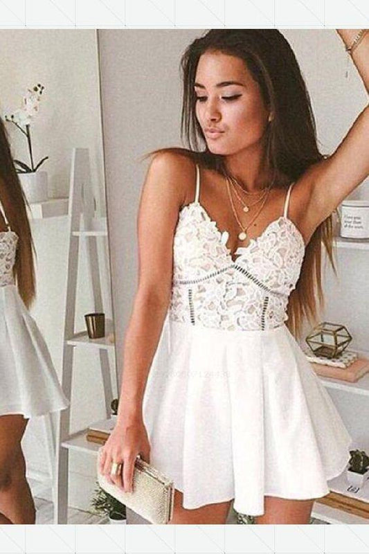 A-Line Homecoming Dresses Chiffon Lace Baylee Spaghetti Straps White Mini With CD84