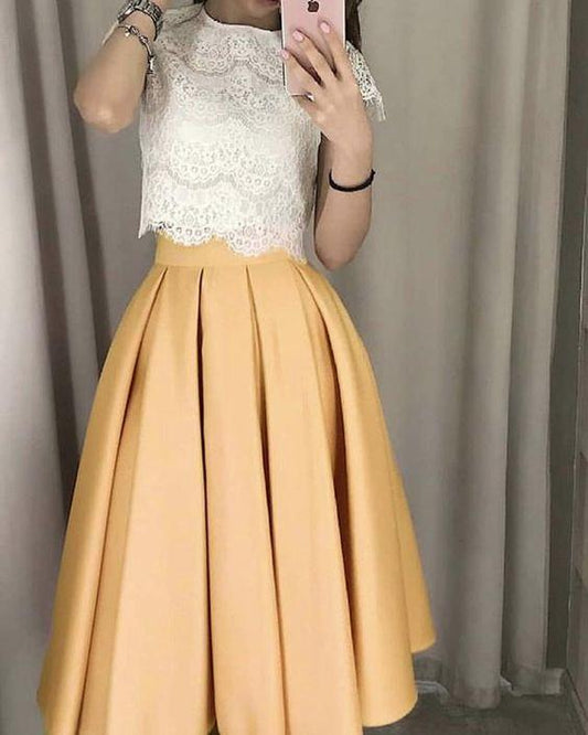 White Crop Homecoming Dresses Jamya Lace Two Piece CD8663