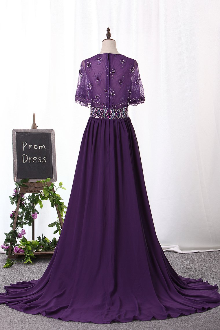V Neck Prom Dresses A Line Chiffon & Lace With Beads And Slit