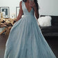 Tulle Prom Dresses A Line V Neck With Applique And Beads Sweep Train