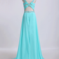 Open Back Halter Prom Dresses A Line Sweep Train Chiffon With Beads&Ruffles