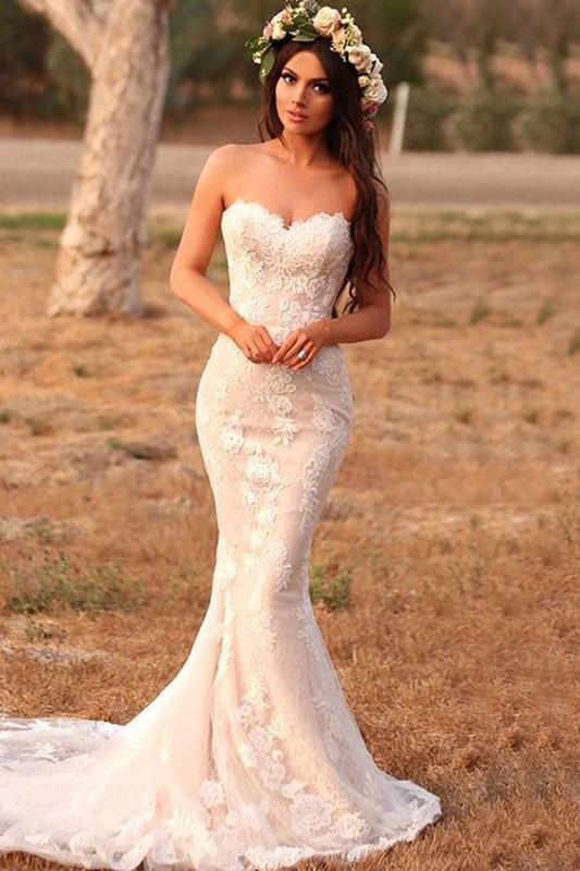 Charming Mermaid Lace Applique Sweetheart Sleeveless Wedding Dresses, Country Bridal Dresses SRS15107