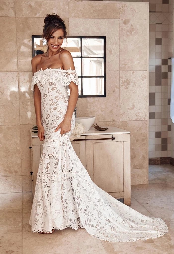 Elegant Off the Shoulder Ivory Lace Mermaid Beach Wedding Dress, Cheap Bridal Dress SRS15188