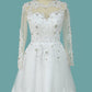 2024 A Line Scoop Wedding Dresses Long Sleeves Tulle With Applique & Beading Detachable Skirt Chapel Train