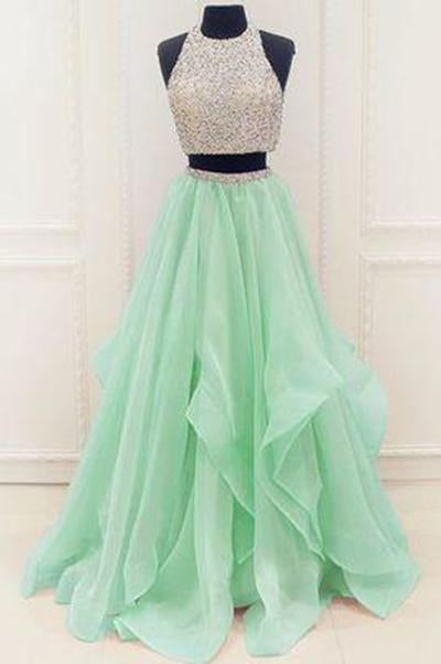 Stunning Sequins And Beaded Top Organza Ruffles Two Piece Prom Dress Prom Dresses JS172