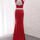 High Neck Spandex Two Pieces Prom Dresses With Applique And Beads Sweep Train