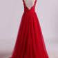 Evening Dresses Scoop A Line Tulle With Applique Open Back