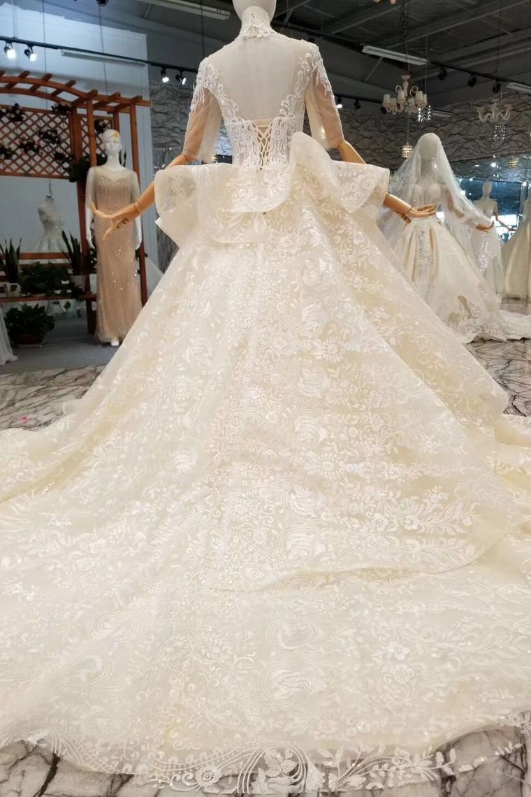 Luxury Wedding Dresses High Neck A-Line Lace Half Sleeves Open Back Cathedral Train