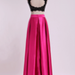 Two Pieces Prom Dresses Scoop Appliqued&Beaded Bodice Floor Length Open Back Satin