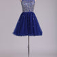 High Neck Homecoming Dresses Beaded Bodice A-Line Dark Royal Blue Tulle Short/Mini