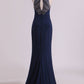 Spandex Scoop With Beading Sheath Evening Dresses Open Back Sweep Train