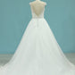 2024 A Line Open Back V Neck Wedding Dresses Tulle With Applique And Beading Chapel Train