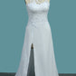 A Line Scoop Chiffon Wedding Dresses With Applique And Slit Sweep Train